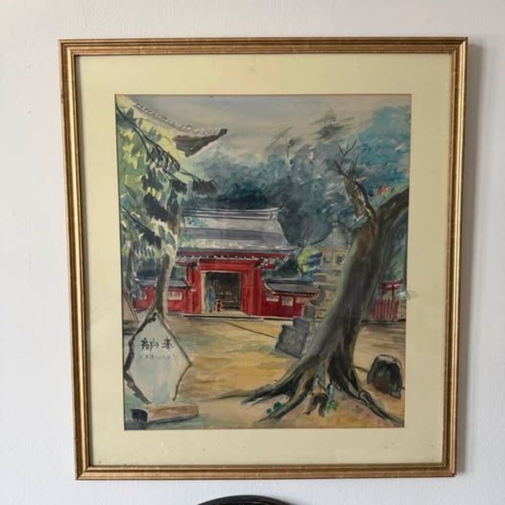 Japanese Watercolor Painting – Shinto Shrine Courtyard & Temple Gate (25x28)